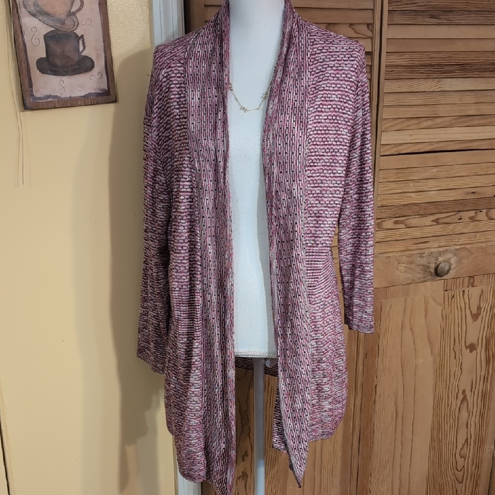 CJ BANKS Pink Patterned Open Front Sweater 3/4 Sleeves Shawl Collar Size X 14W